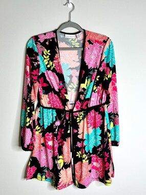 Susan Graver Duster Cardigan Swim Coverup Liquid Knit Bright Florals Beach Sz SP